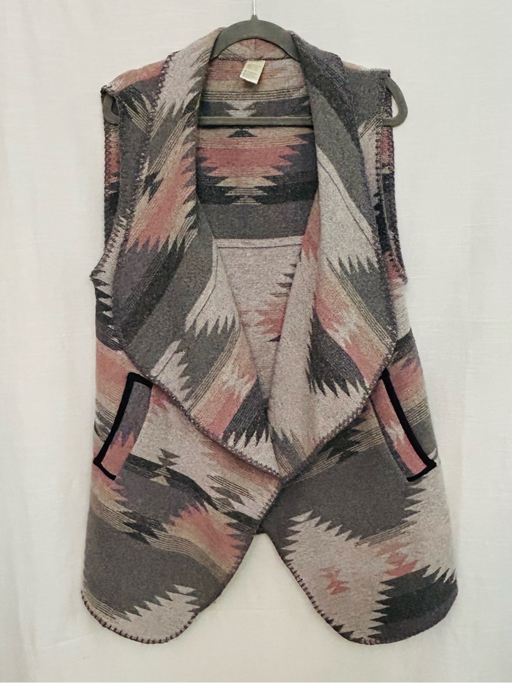 Southwestern Aztec Boho Festival Cascade Open Vest w/ Faux Leather Lined Pockets
